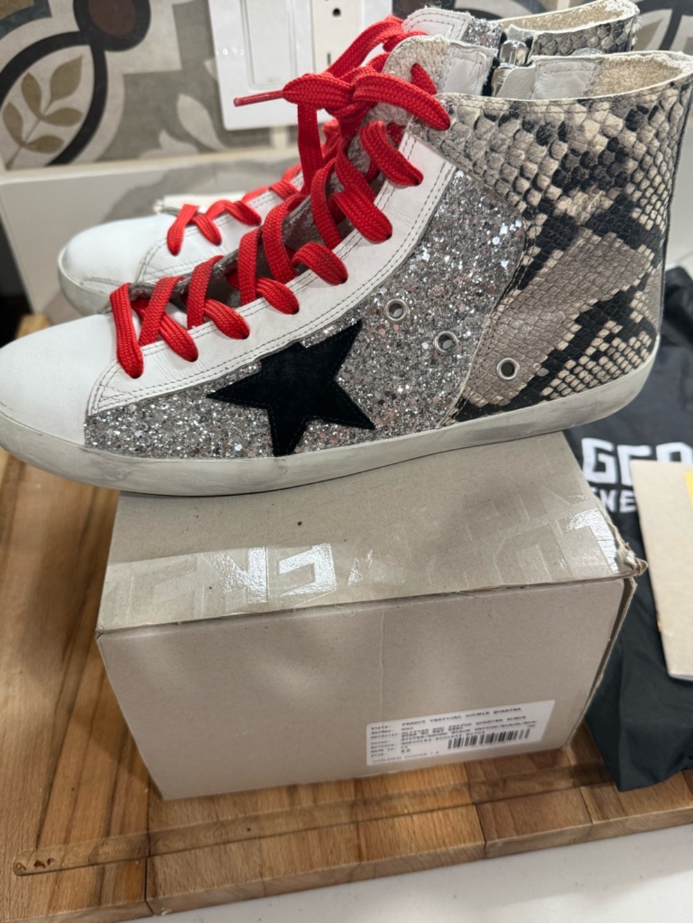 Golden Goose Multi-Texture High-Top Sneakers with Red Laces - Picture 8 of 13